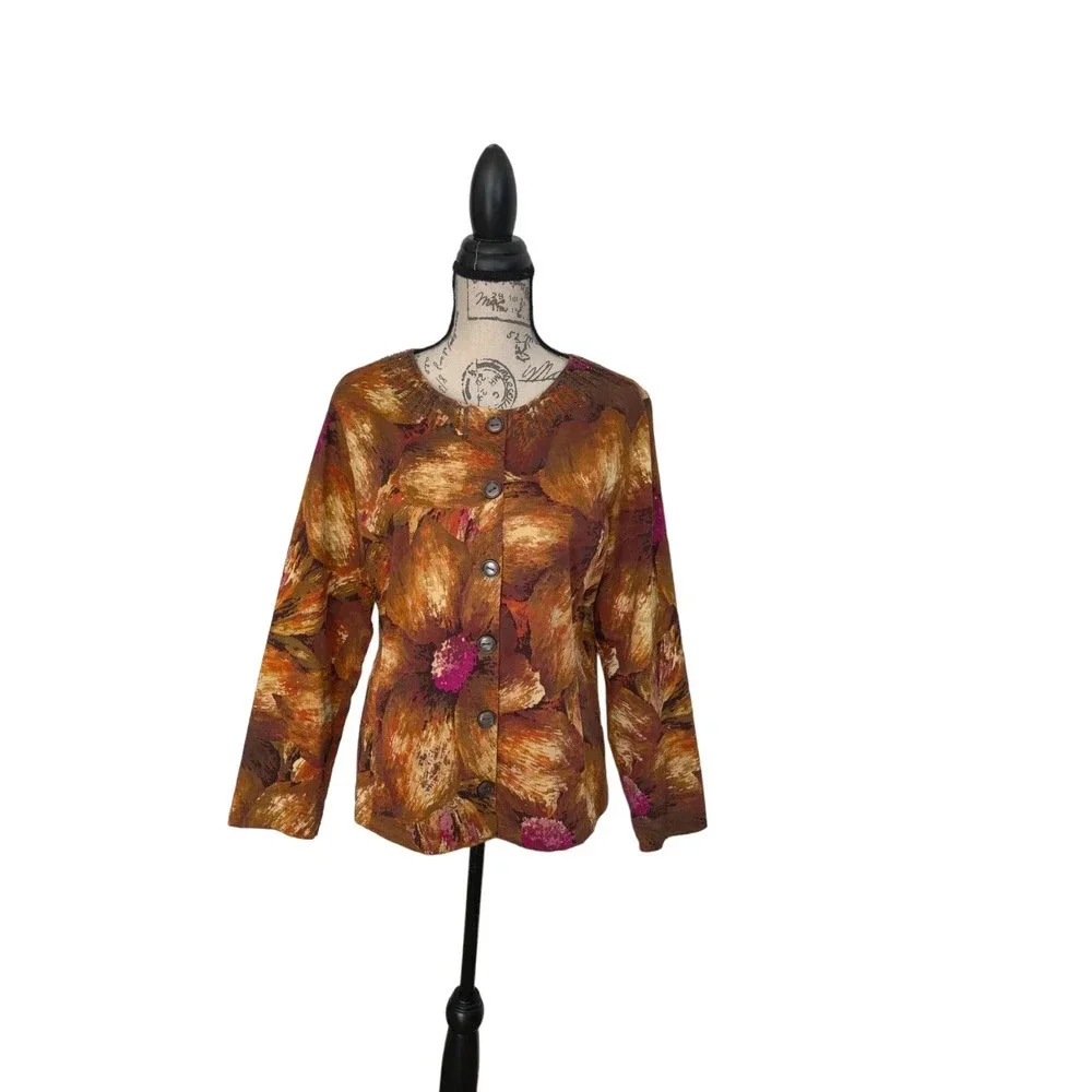 Chico's‎ Abstract Floral Print Studded Earthy Tone Button Up Jacket Blazer L